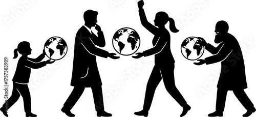 Diverse silhouettes of people holding and interacting with globes symbolizing global connection and responsibility