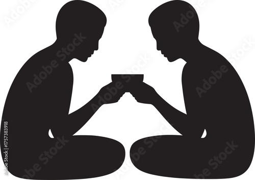 Silhouette of Two Individuals Sharing a Container in Calm Setting on Transparent Backdrop