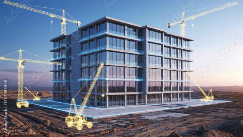 Blueprint to reality, conceptual design of a high rise building under construction with glowing cranes. Modern architecture plan footage.