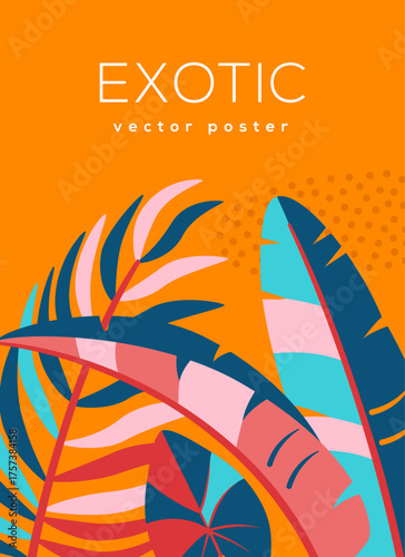 Summer colorful banner poster, palm beach abstract tropical leaves. Vector illustration. Jungle exotic flyer, nature brochure template. Place for text. Beach bar menu background, tropic wallpaper art