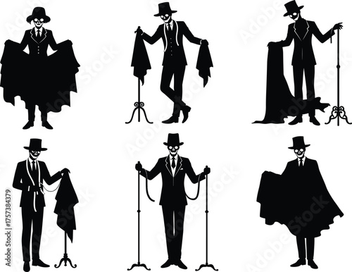Magician silhouettes, stage illusion performance, classic magic trick, vintage magician style, top hat costume, theatrical mystery, entertainment art, magician cloth act, dramatic show