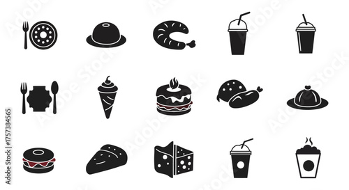 Collection of delicious food and drink icons including desserts fast food and meal elements for culinary projects silhouette