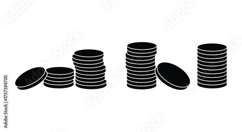Stacks of black coins representing financial growth wealth accumulation and investment success silhouette