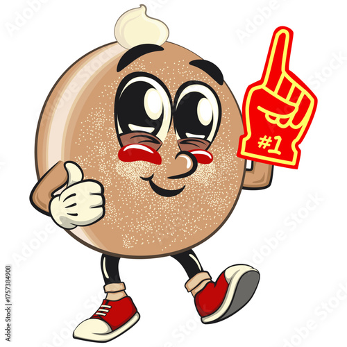 cute sugar donut bun mascot cartoon character vector illustration raise foam finger, sweet bakery dessert food icon isolated, work of hand drawn