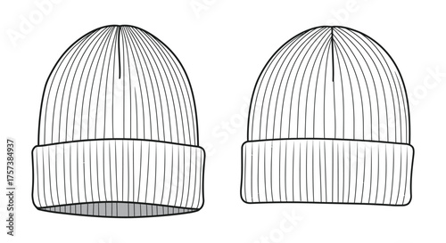 Two hand drawn line art sketches of a ribbed knit winter beanie hat front and side views silhouette