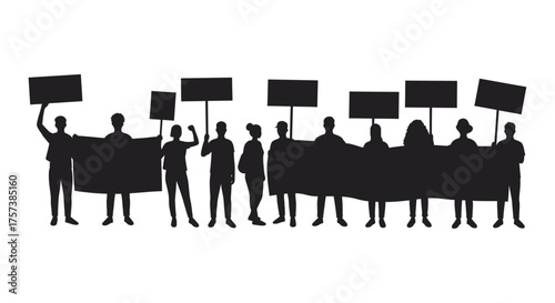 Crowd of silhouettes holding protest signs and banners demonstrating social activism and collective action silhouette