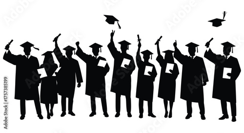 Diverse group of graduates in caps and gowns celebrating graduation day with hats tossed high silhouette