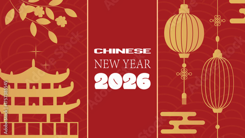 Classic pagoda, New Year 2026, lantern art, gold accents, blossom branch, Asian red, traditional holiday card.