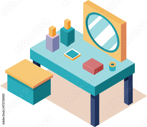 Isometric makeup vanity table with stool mirror and cosmetics vector illustration scalable