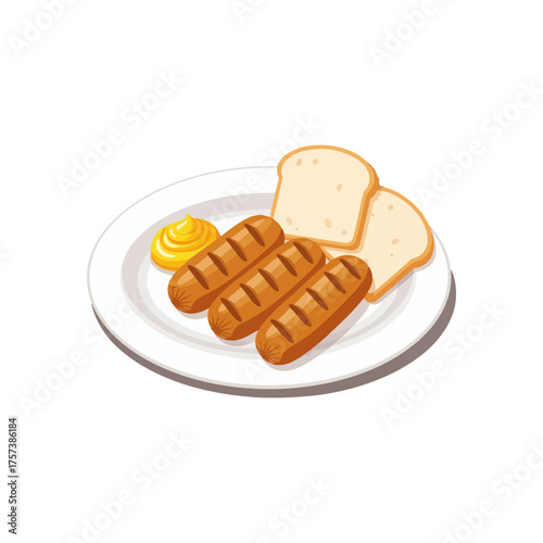 Realistic Vector Cartoon Illustration of Romanian Mici (Mititei) with Mustard and Bread
