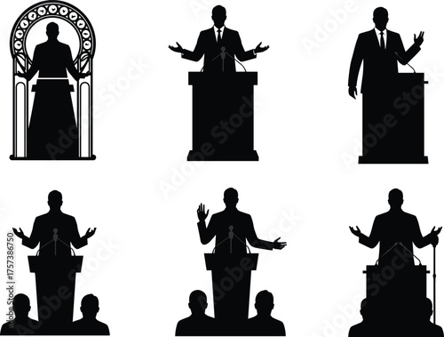 Public speaking silhouettes, podium presentation, political speech, leadership communication, business 