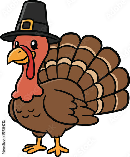 Cute cartoon turkey wearing pilgrim hat thanksgiving