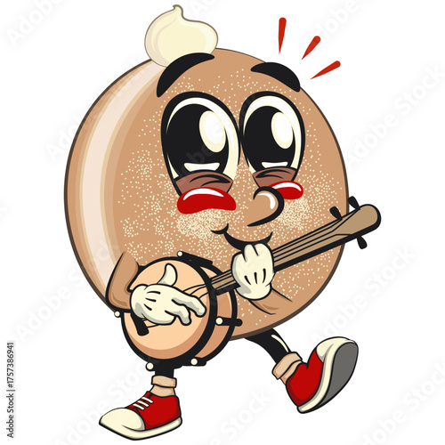 cute sugar donut bun mascot cartoon character vector illustration playing the banjo musical instrument, sweet bakery dessert food icon isolated, work of hand drawn