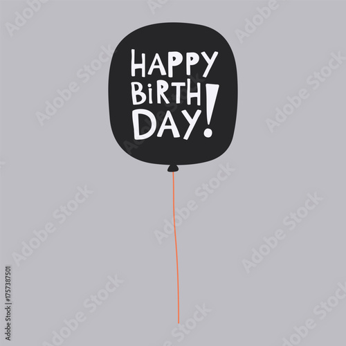 Black stylized balloon with Happy Birthday text. For invitations and celebration greeting cards.