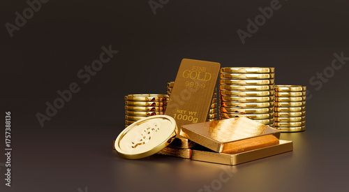 Concept of wealth and luxury. Shiny gold bars and stacked gold coins symbolize prosperity and investment growth. Perfect for gold trading, finance, and precious metal business promotions.