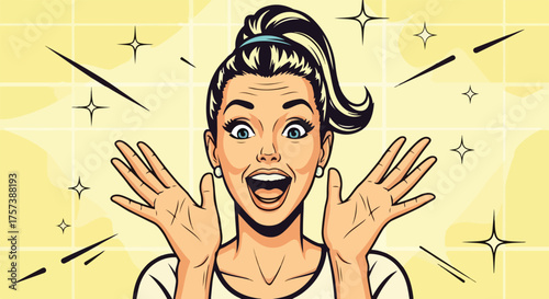Excited woman with open hands vector illustration of a surprised girl isolated on yellow background