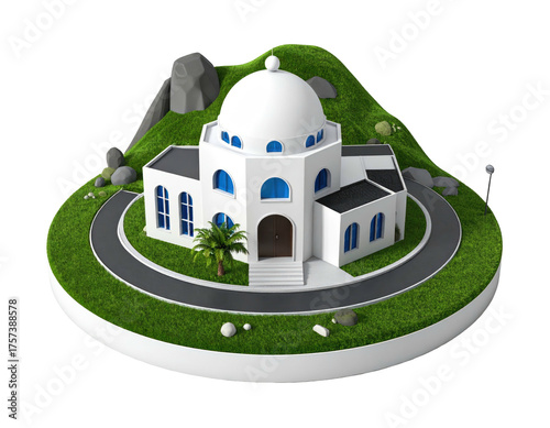 Rendered image of a white domed building on a grassy hill with a circular road around it