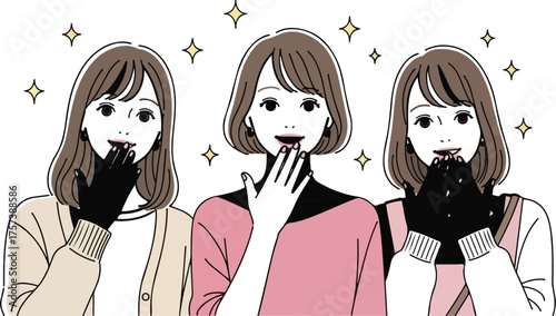 Three smiling women with hands near their mouths surprised expression vector illustration