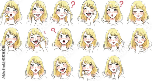 Set of woman face expressions hand drawn style showing different emotions and feelings