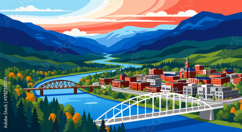 Scenic River Town Landscape Bridges, Buildings, and Mountain Backdrop Illustration