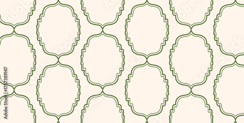 Seamless arabesque pattern with green curved outline shapes on beige background. Repeating geometric tile in flat vector style. Vector illustration for textile, wallpaper, marketing and web