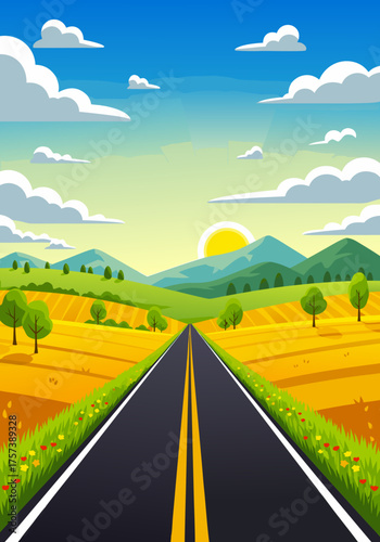 Scenic Road Trip Open Highway Journey through Rolling Hills and Golden Fields Under the Morning Sun