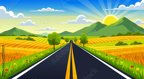 Scenic road leading towards the sunrise, passing through fields and mountains in a vibrant landscape