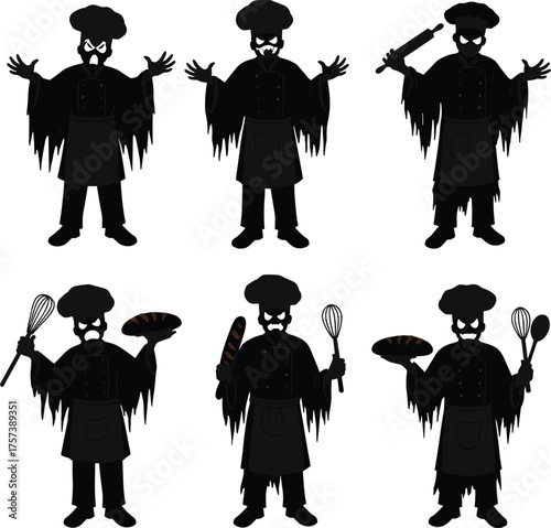 Spooky chef characters, creepy cooking illustration, haunted kitchen art, ghostly bakers, Halloween culinary theme, eerie food design, sinister chefs, dark cartoon style