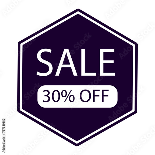 Stylish hexagonal sale badge graphic with bold 'SALE' text and '30% OFF' discount message, perfect for online stores, promotions, and marketing materials to attract customers