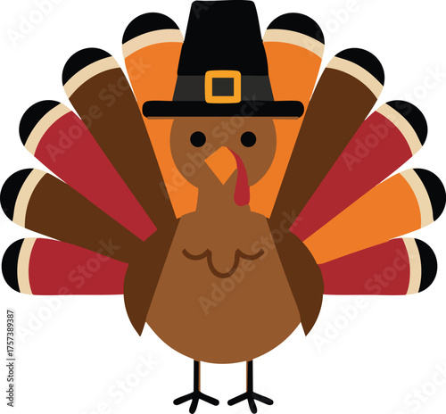 Cute cartoon turkey wearing pilgrim hat thanksgiving