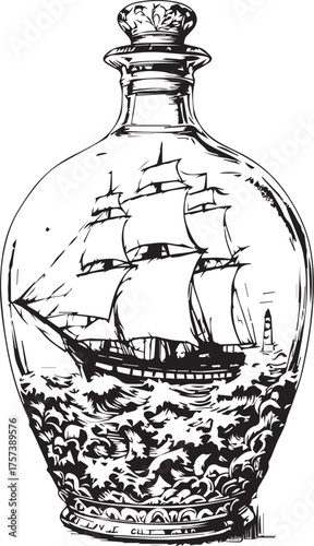 Black and white vector illustration of sailing ship in ornate glass bottle with waves and lighthouse scene