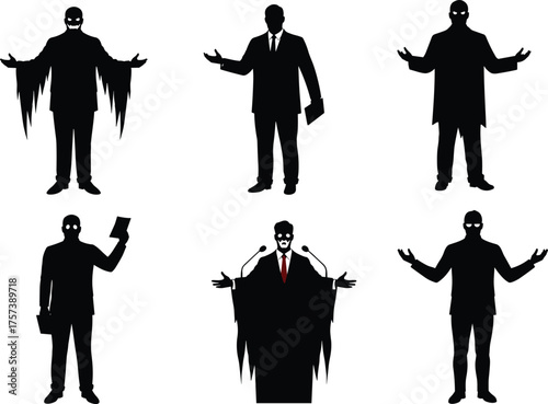 Supernatural businessman silhouettes, ghostly authority figures, political podium speech, eerie leadership concept, sinister suit figures, dual identity theme, mysterious power, dark symbolism