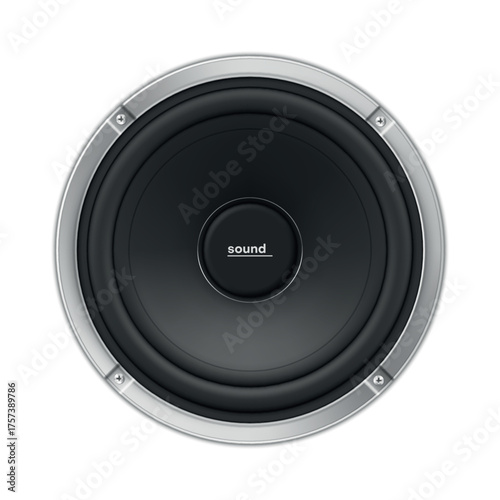An illustration of a classic round speaker system with an elegant black cone. The silver frame highlights its modern design, ideal for audio enthusiasts.