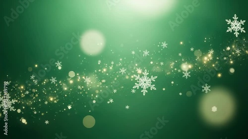 Elegant green background with shimmering snowflakes and bokeh lights creating a festive and magical atmosphere