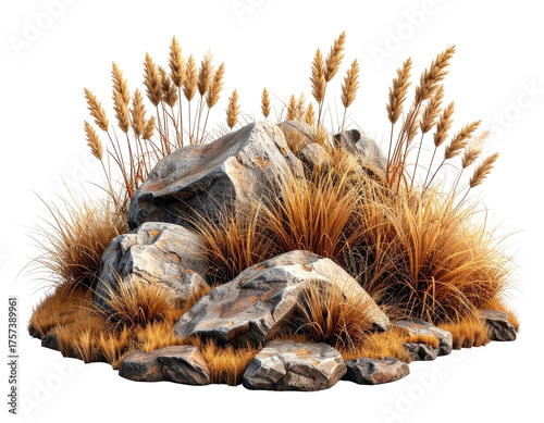 A cluster of weathered rocks surrounded by tall, golden-brown grasses, isolated on white background