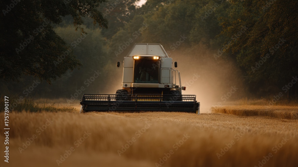 Fototapeta premium Harvesting Machine Working in Golden Wheat Field at Dusk with Dust Clouds Rising from Earth