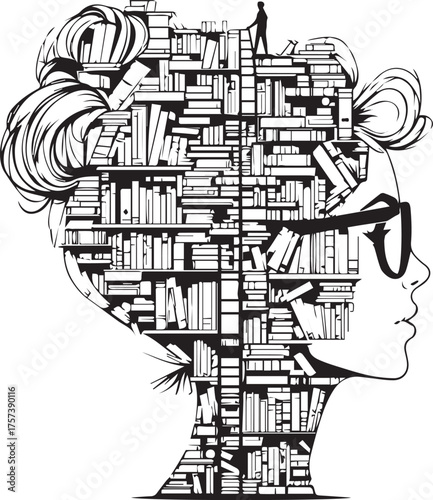 Bookshelf head profile vector illustration symbolizing knowledge, intellect, education and creative thinking