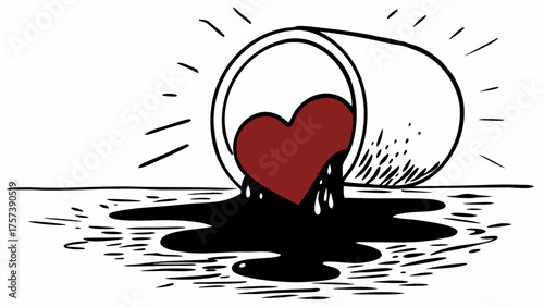 A red heart melting into a puddle of black ink
