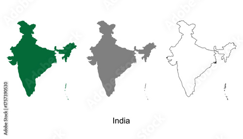 India map set. India map vector. India map on green, gray, and outline