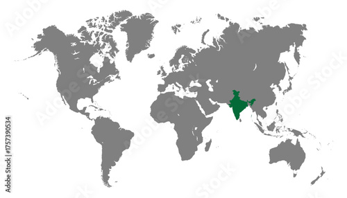 India on World map. India map vector. India map on white background