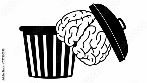 Brain being discarded in a trash can on white background