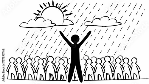 Figure with raised arms standing in the rain and sunshine