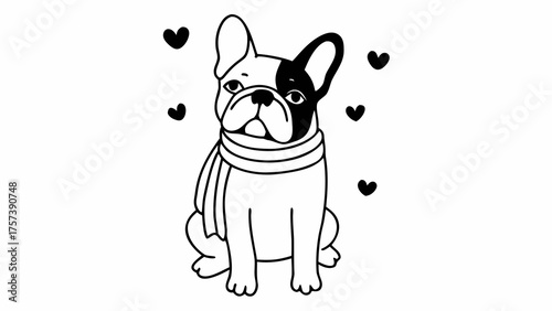 French Bulldog with Scarf Sitting and Surrounded by Hearts