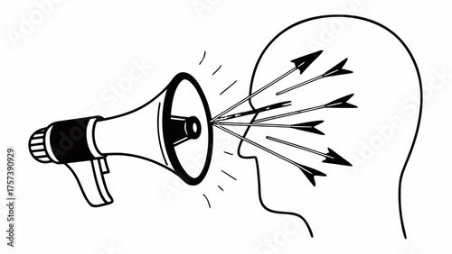 Megaphone firing arrows at a head representing mental impact
