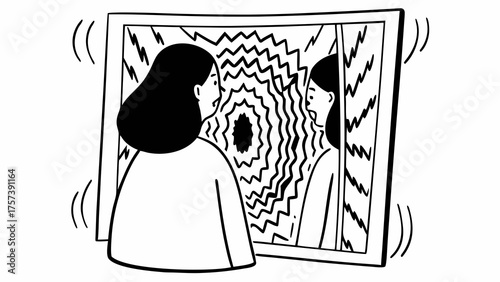 Woman seeing reflection in mirror with shock reaction