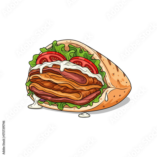 Realistic Vector Cartoon Illustration of Turkish Döner Kebab (European Style) with Vegetables and Sauce in Flatbread
