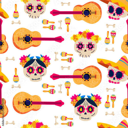 Seamless Dia de los Muertos pattern Background with Maracas and Sombreros and festival elements. Vector illustration for textile prints, party decorations, gift wrap, packaging, holiday invitations