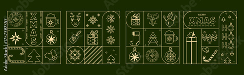 Merry Christmas square design set in modern style. Geometric Xmas Line templates on Green Background with holiday symbols for greeting cards, packaging, labels, stickers, social media graphics. Vector