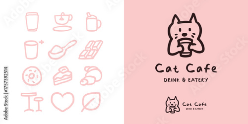 Cat holding an ice drink logo for bar, restaurant, and coffee. Cute mascot character illustration simple hand drawn style. icon set collection for cafe content