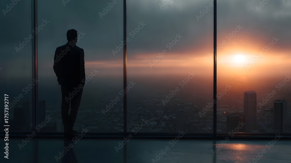Fototapeta premium Silhouette of a businessman in a suit gazing out a large window at a city skyline during a vibrant sunset